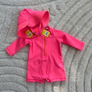 Primary Bright Pink Kids Swim Rashguard and Hat Set